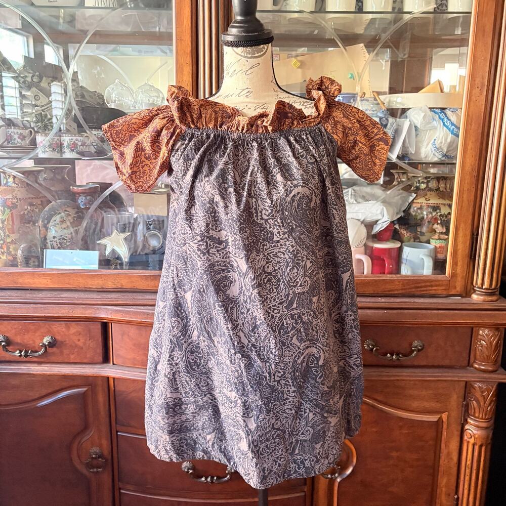 Free People Mini Dress Womens M Gray Tan Paisley Off Shoulder Boho Babydoll
